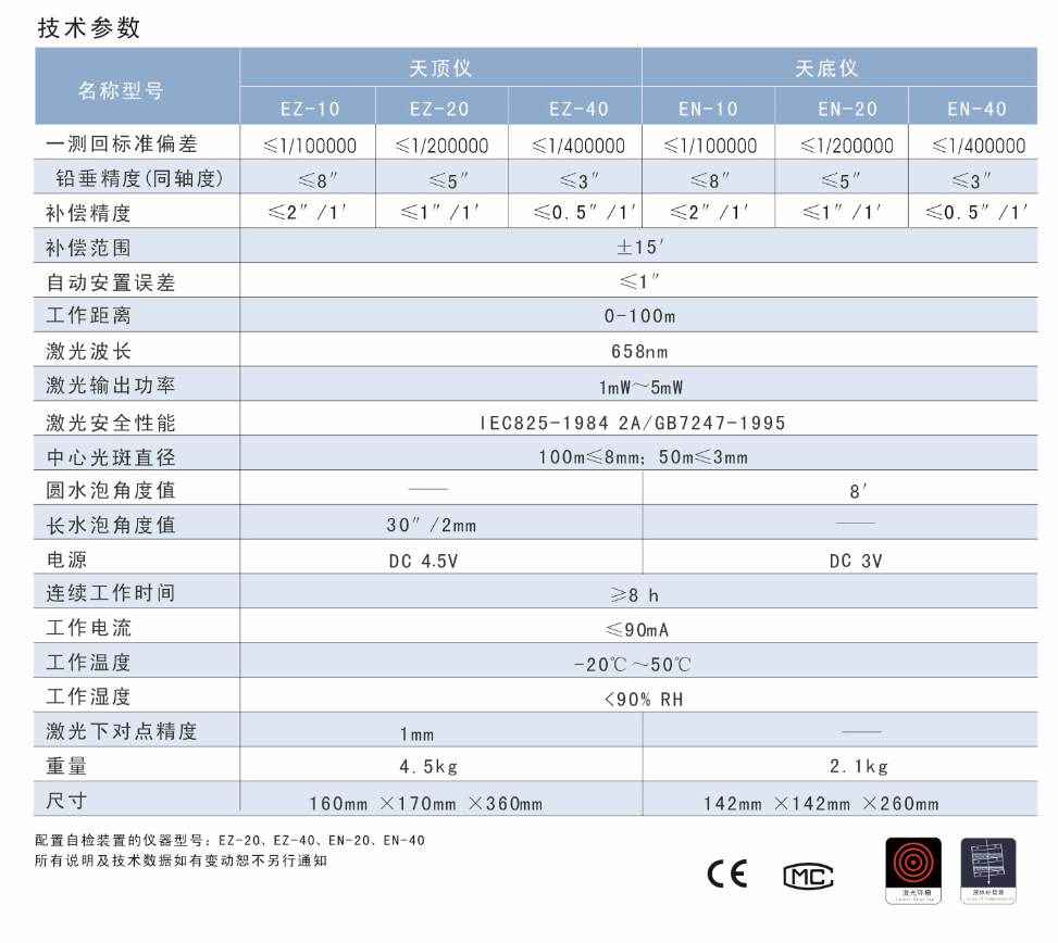 EZ-10、EZ-20、EZ-40激光自動安平天頂儀/上垂準儀技術(shù)參數(shù)