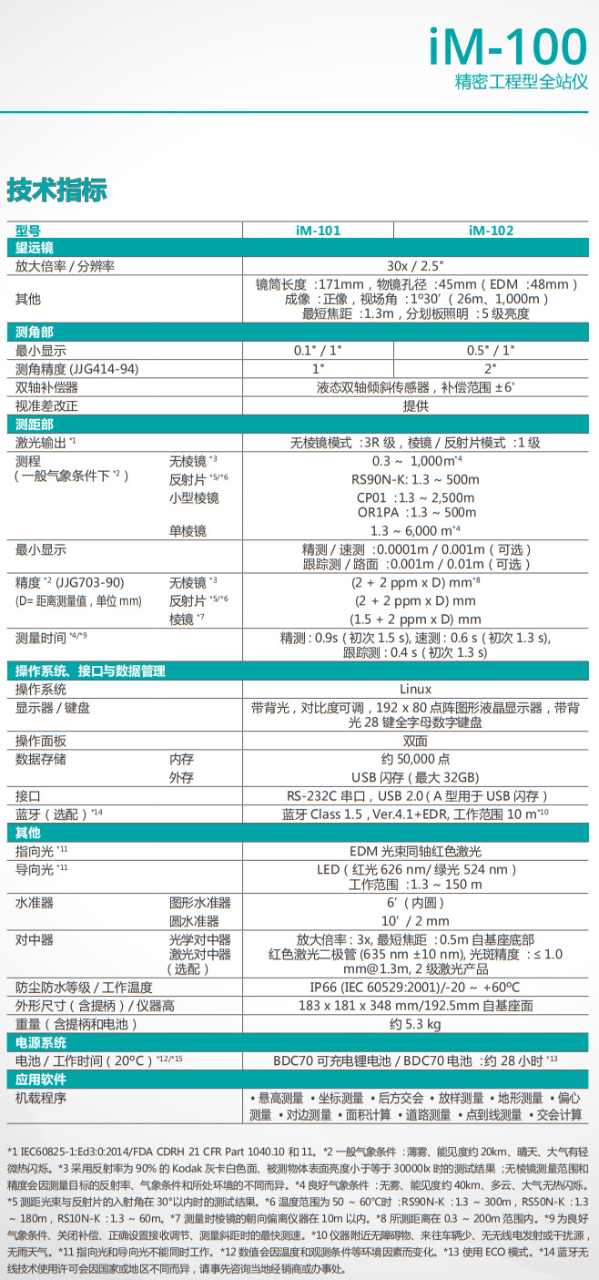 索佳IM-101/IM-102精密全站儀技術參數